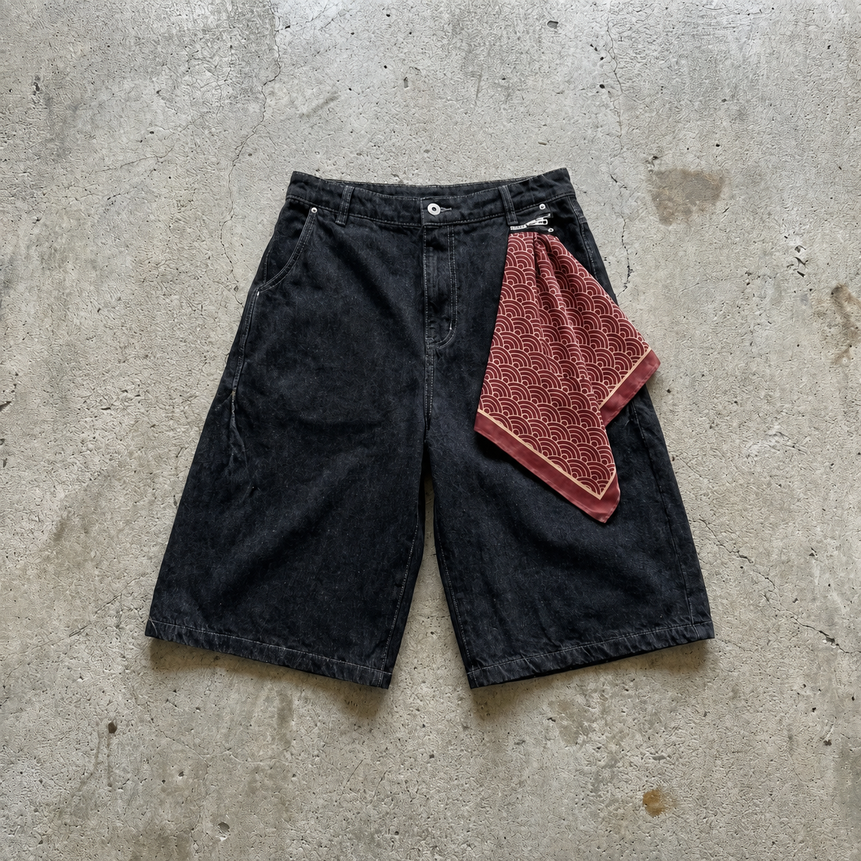 鳳凰 Hōō Phoenix Jort — on-model, crimson kerchief tied at belt loop