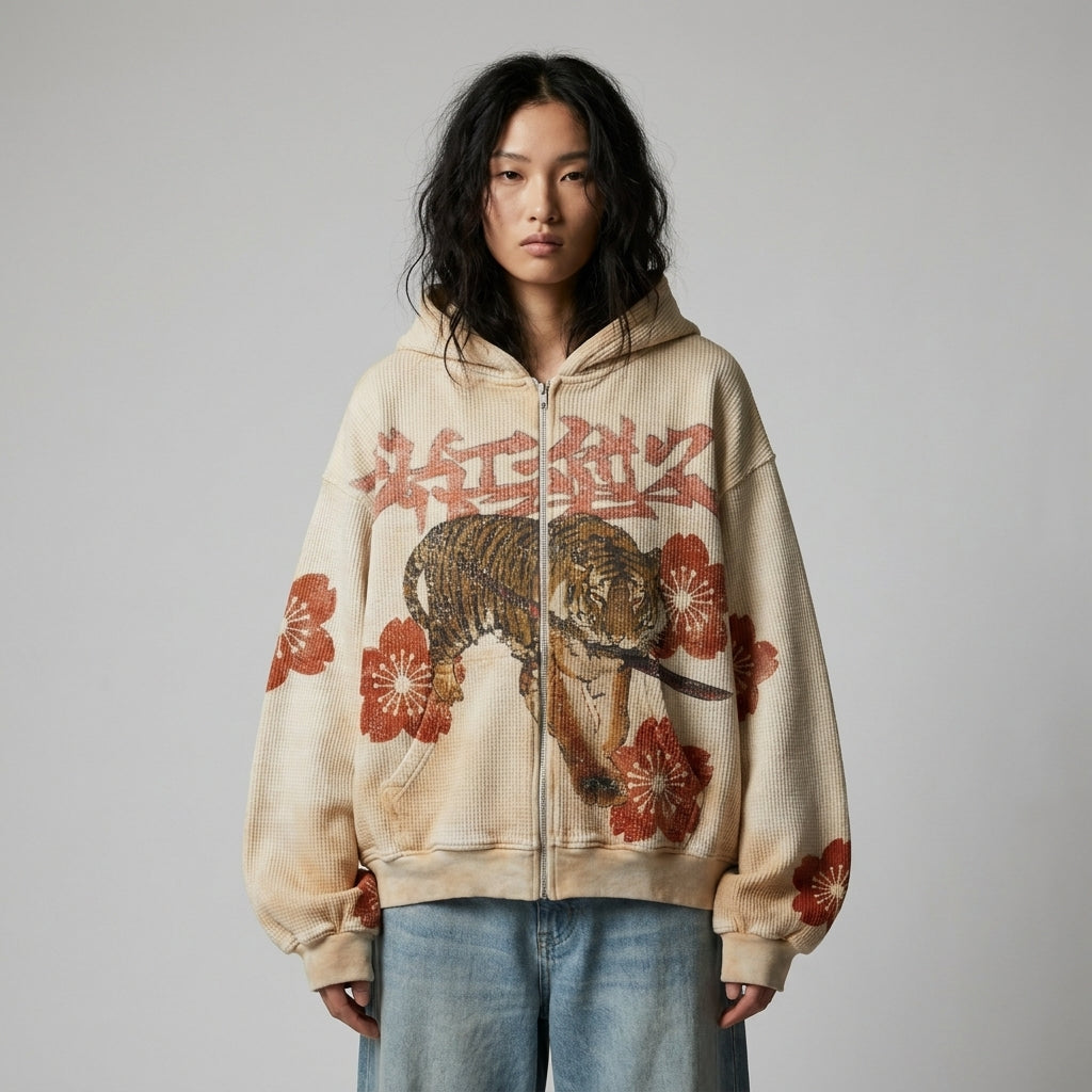 虎・桜 Tora Sakura Tiger Blossom Hoodie — on-model editorial campaign shot