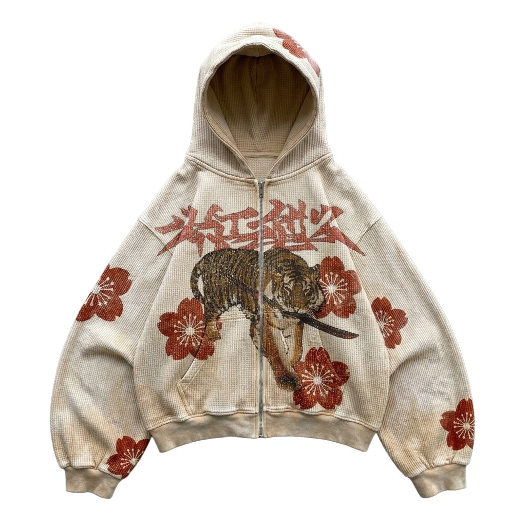 虎・桜 Tora Sakura Tiger Blossom Hoodie — front, on white